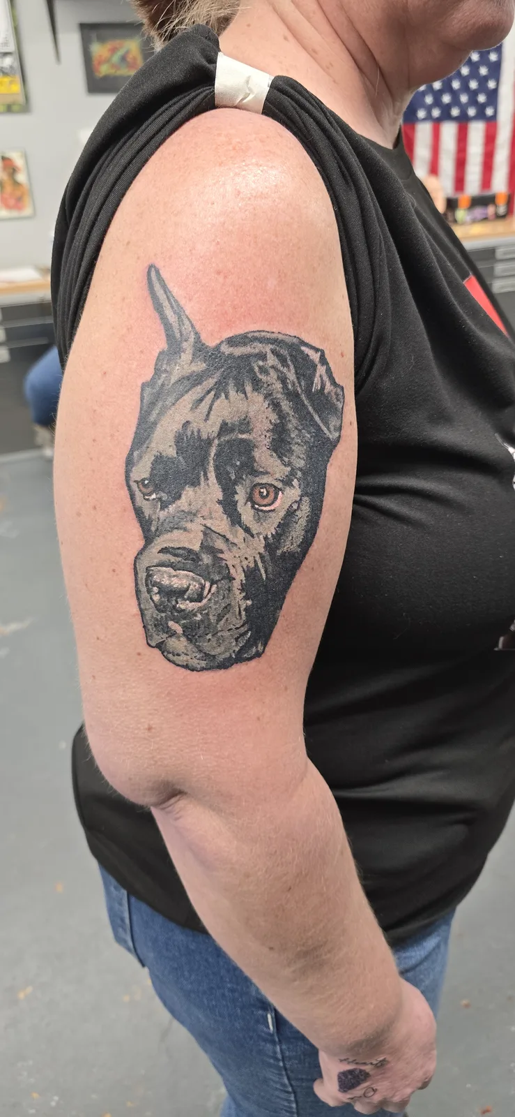 Black and gray dog portrait tattoo by Joshua Key