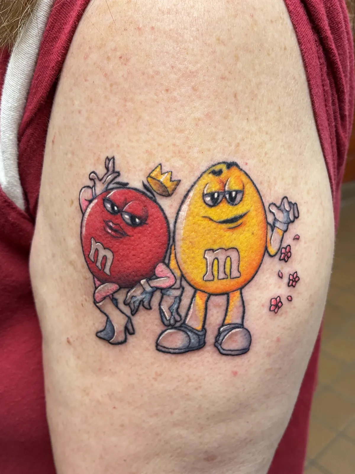 Color candy characters shoulder tattoo by Sav