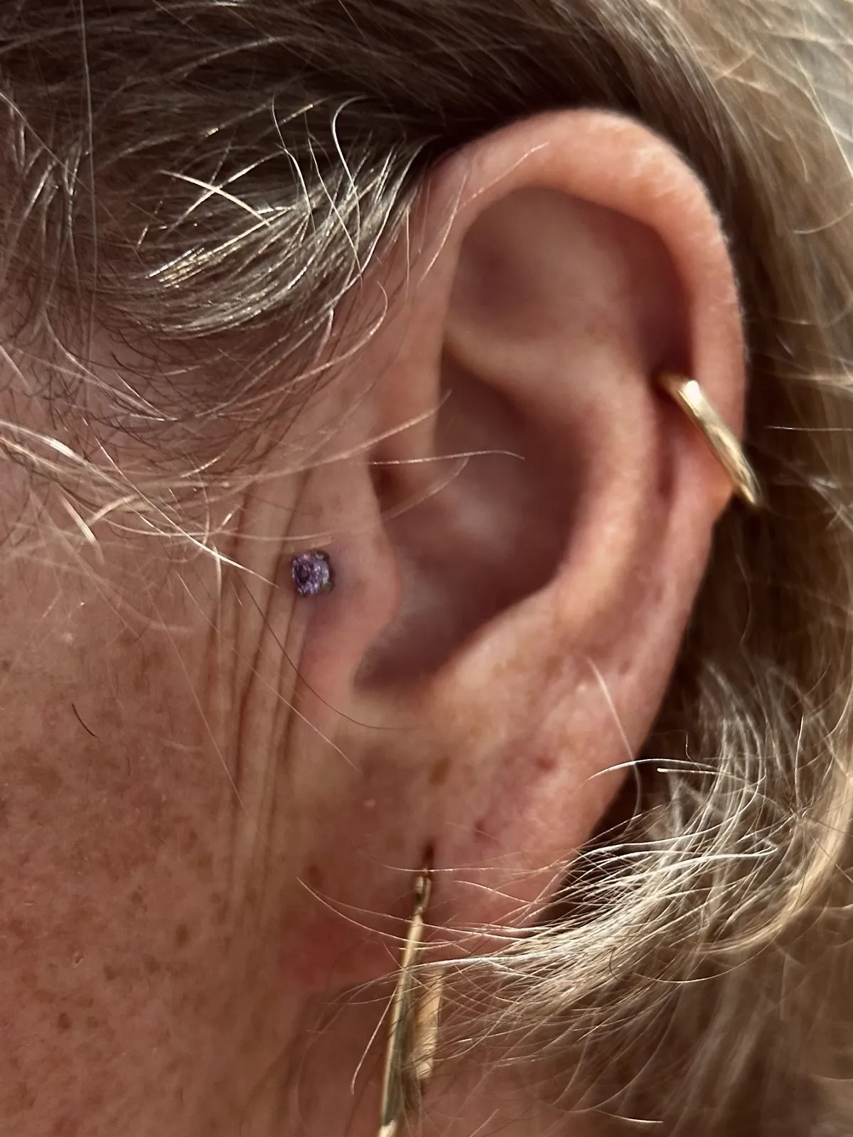 Snug and lobe piercings with gold jewelry by Sydney