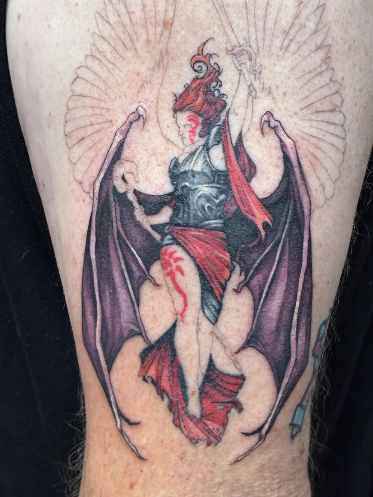 Winged figure color leg tattoo by Sav