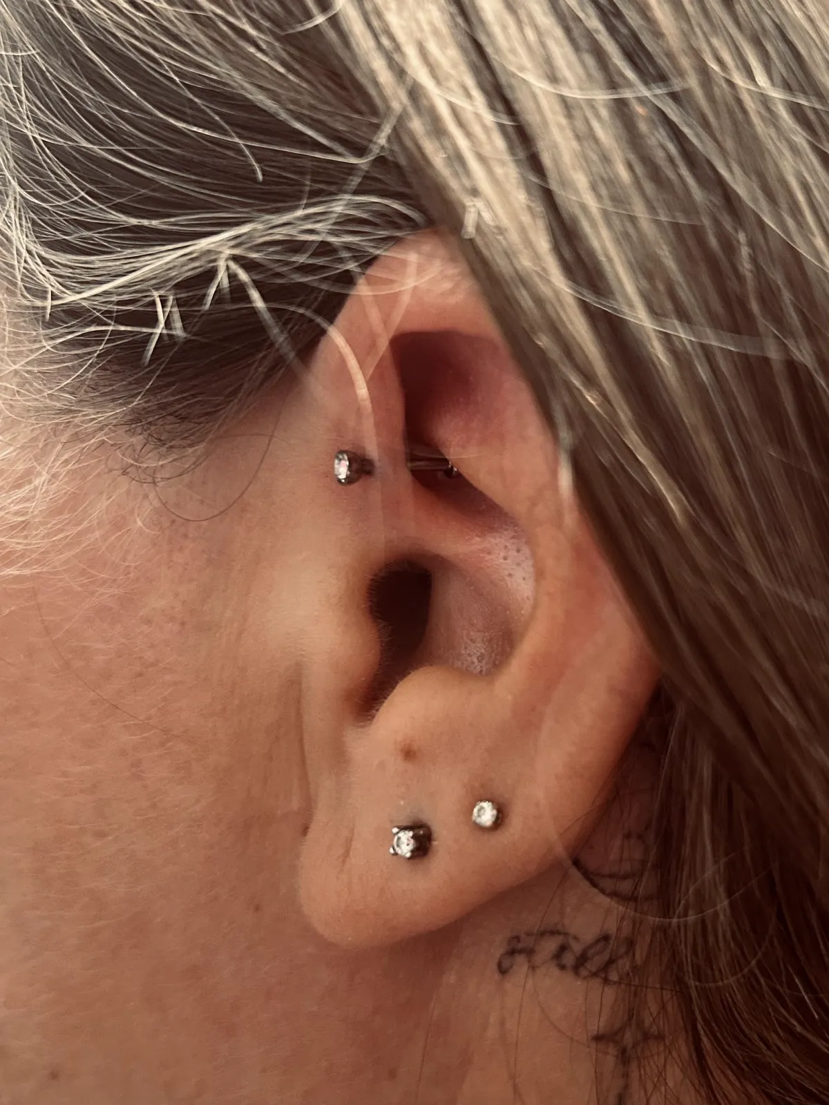 Curated ear with conch and lobe piercings by Sydney