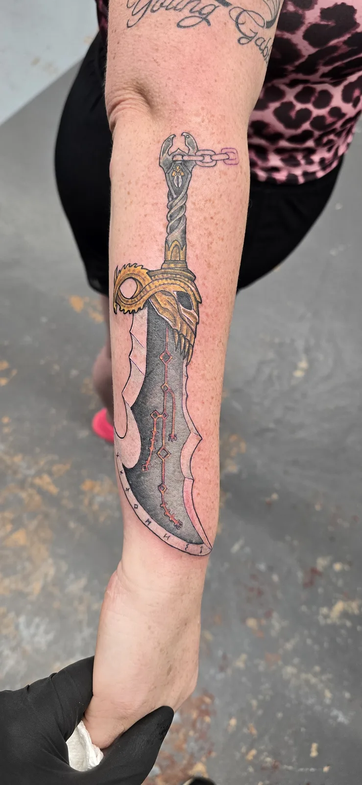 Traditional dagger arm tattoo by Joshua Key
