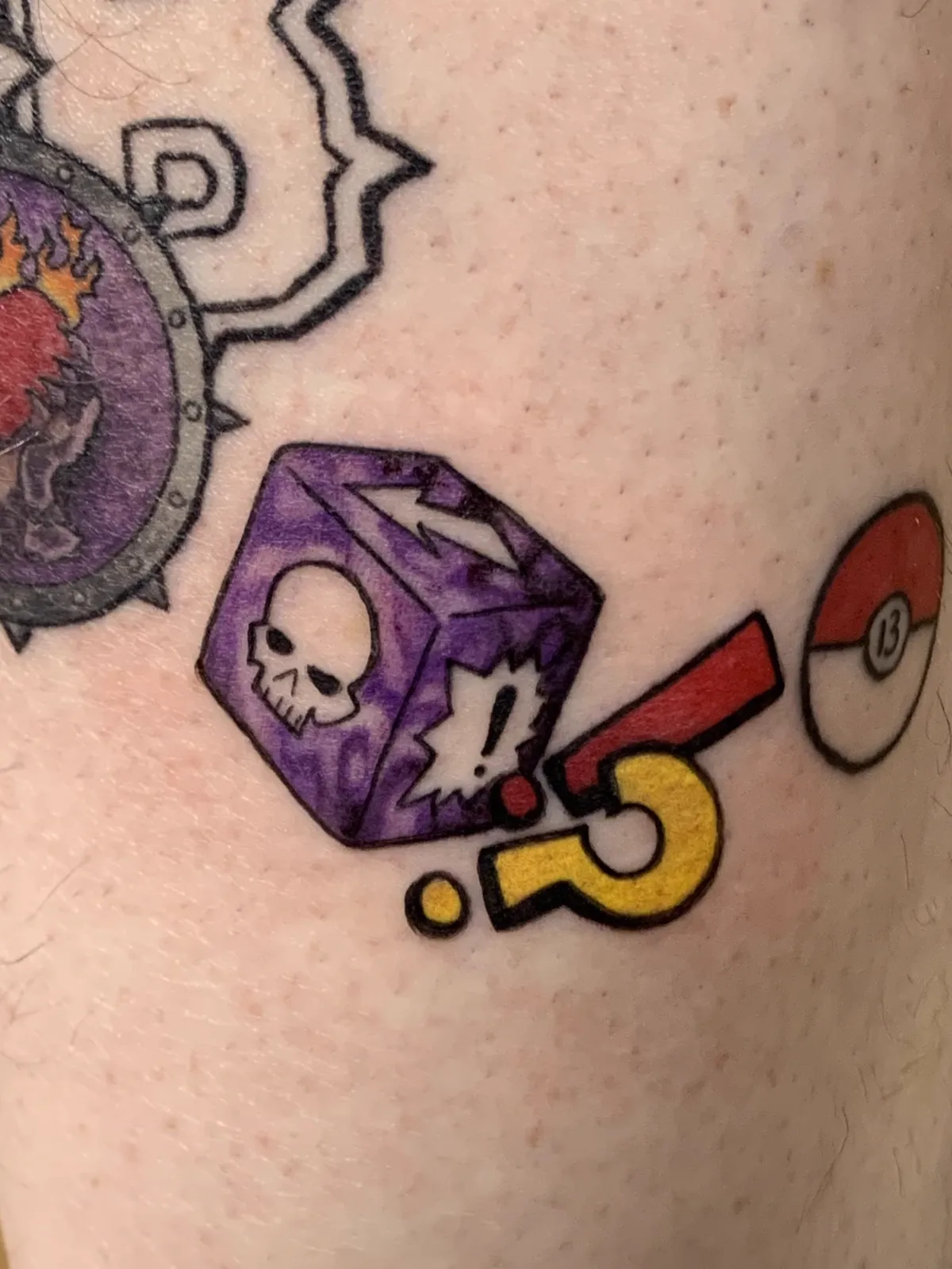 Color video game dice and Pokeball tattoo by Sav